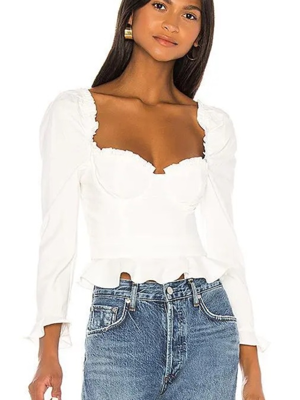 Majorelle x Revolve Corie Top in Ivory Sweetheart Peplum Long-Sleeve Blouse